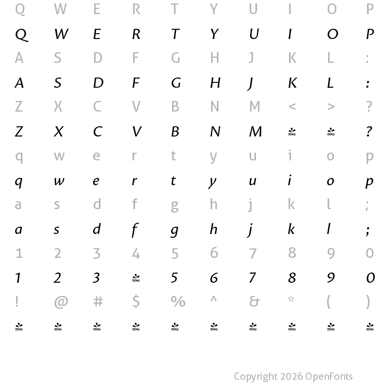 Character Map of FONTSPRING DEMO - Proza Regular Italic Regular