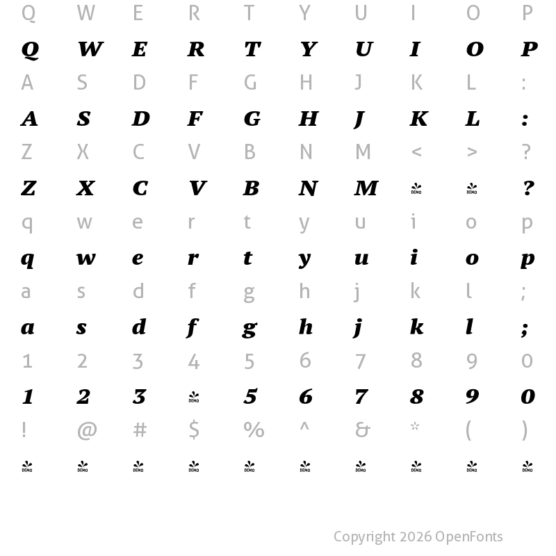 Character Map of FONTSPRING DEMO - PT Serif Pro Ext Black Italic