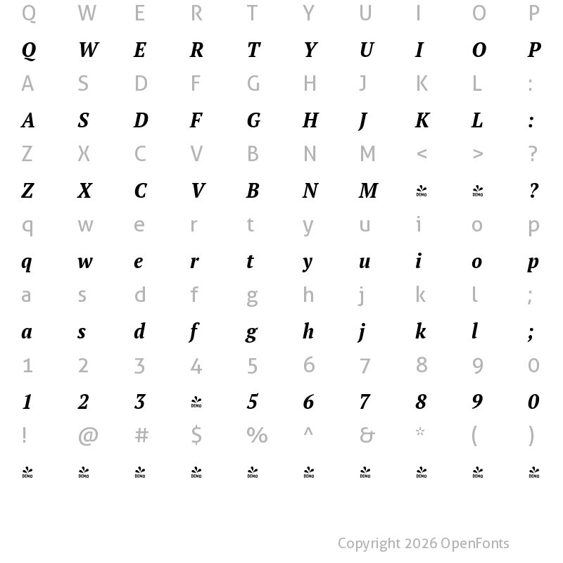 Character Map of FONTSPRING DEMO - PT Serif Pro Narrow Bold Italic
