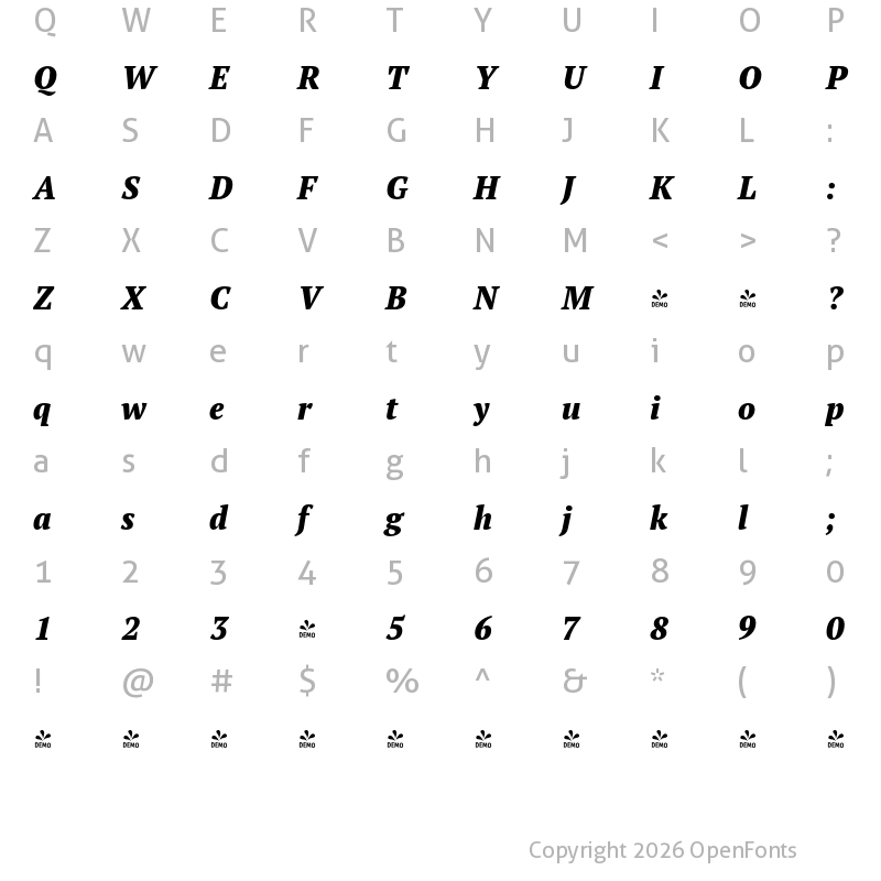 Character Map of FONTSPRING DEMO - PT Serif Pro Narrow Extra Bold Italic