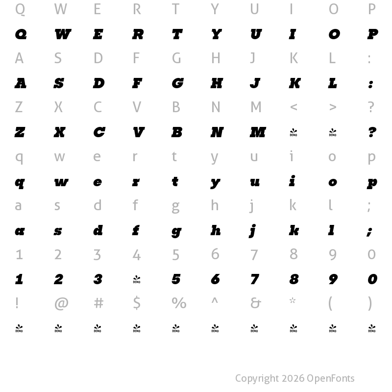 Character Map of FONTSPRING DEMO - Publica Slab Black Italic Regular