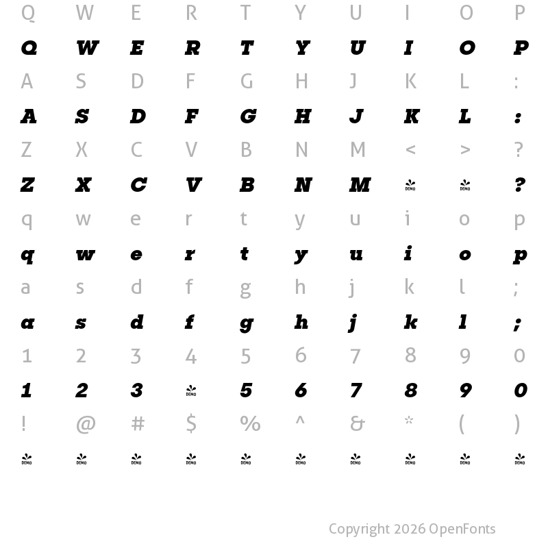 Character Map of FONTSPRING DEMO - Publica Slab ExtraBold Italic Regular