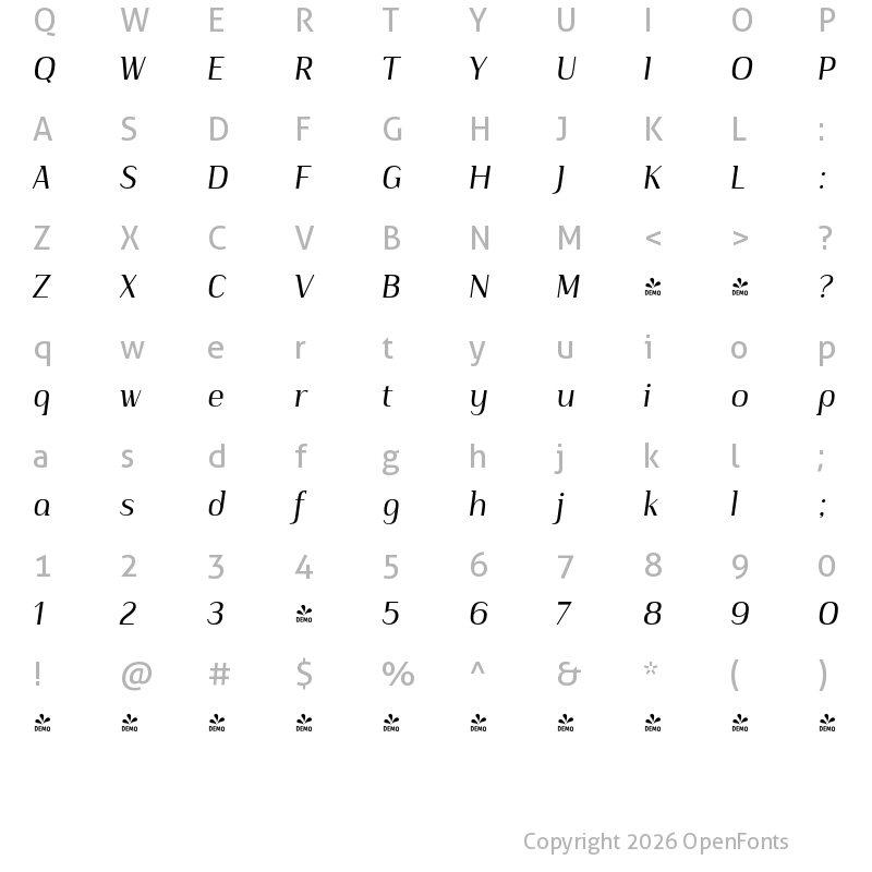 Character Map of FONTSPRING DEMO - Publio Regular Italic Regular