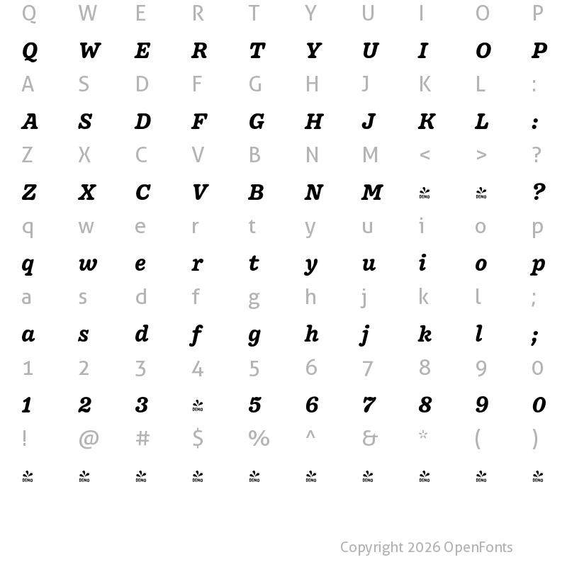 Character Map of FONTSPRING DEMO - Pueblito Bold Italic Bold