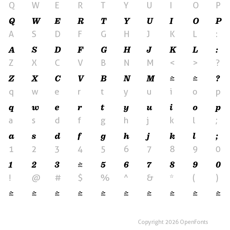 Character Map of FONTSPRING DEMO - Pulpo Bold Italic