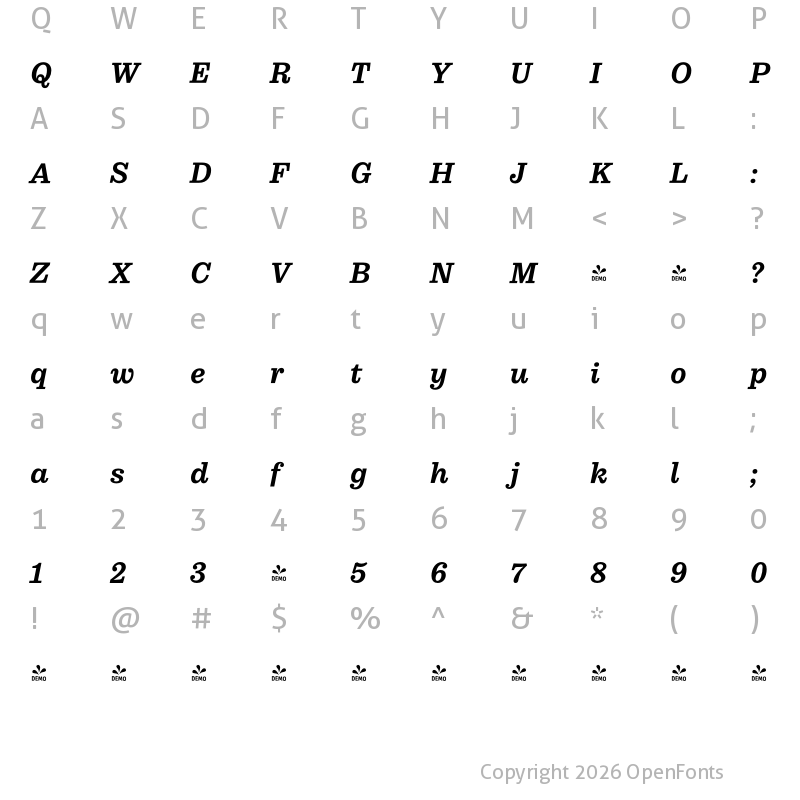 Character Map of FONTSPRING DEMO - Pulpo Medium Italic