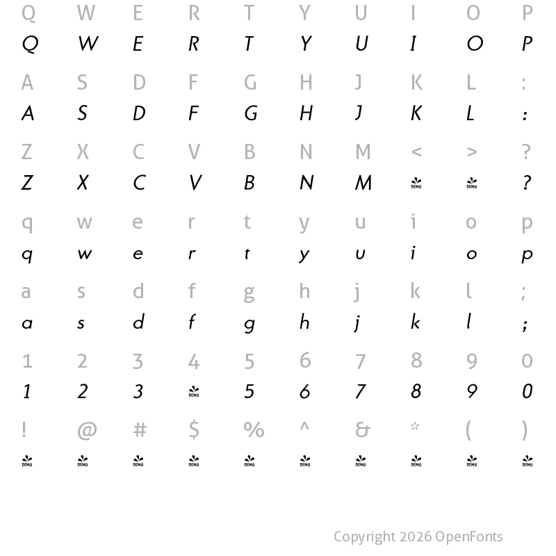Character Map of FONTSPRING DEMO - Pura NormalItalic