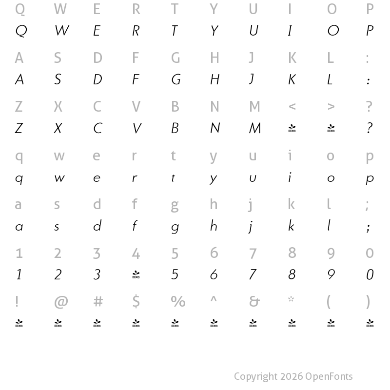 Character Map of FONTSPRING DEMO - PuraLight Italic