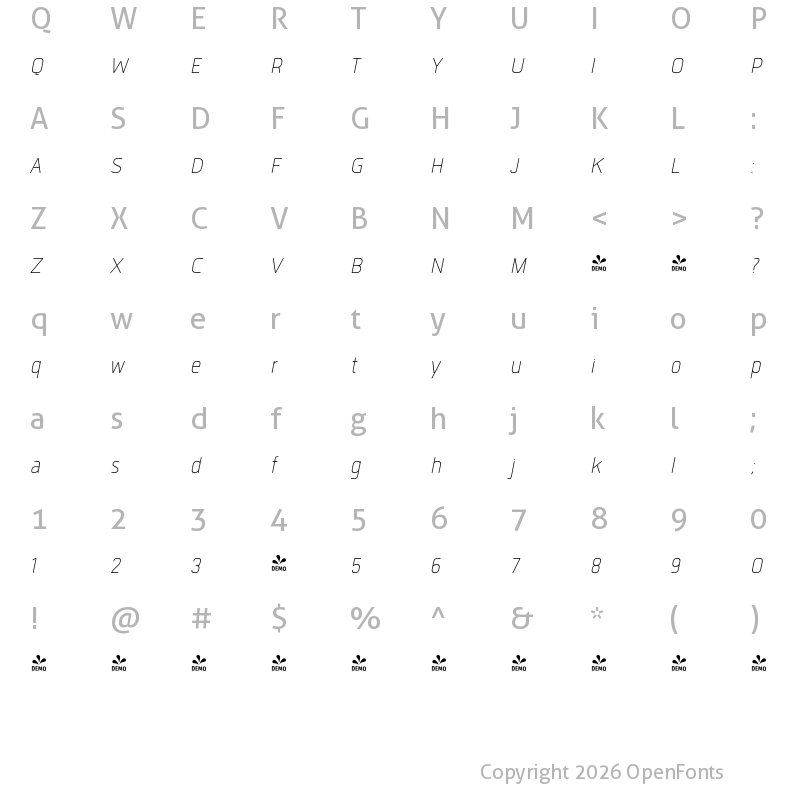 Character Map of FONTSPRING DEMO - Quan Slim R ExtLt 2 Italic