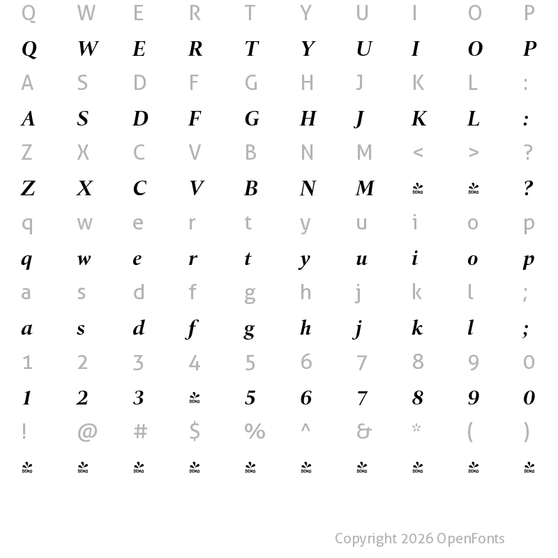 Character Map of FONTSPRING DEMO - Quant-BoldItalic Regular