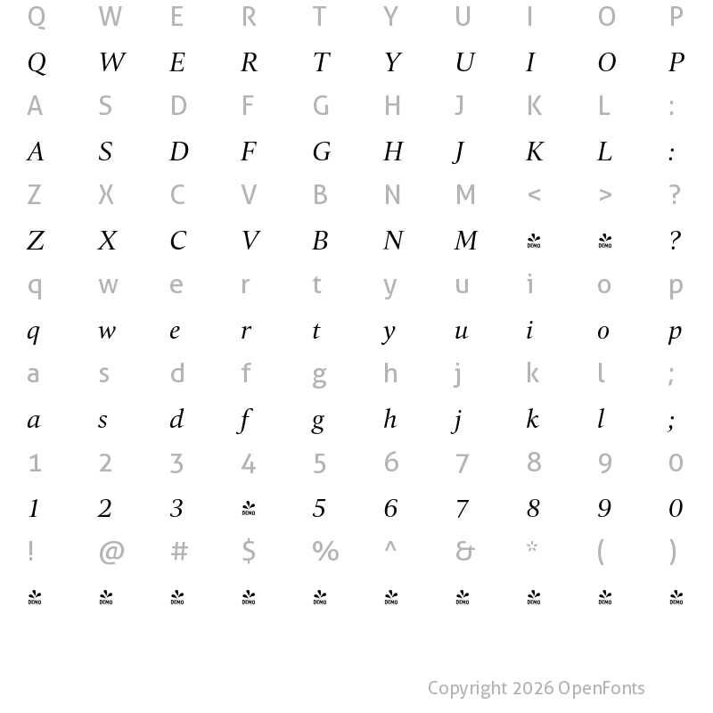Character Map of FONTSPRING DEMO - Quant-Italic Regular