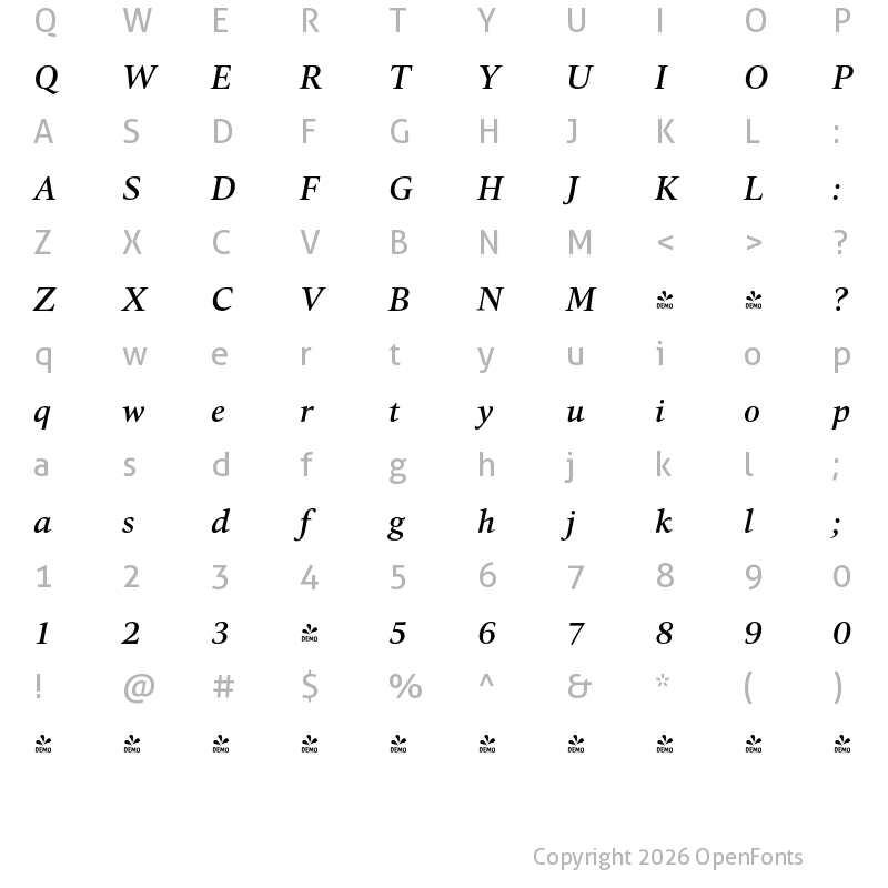 Character Map of FONTSPRING DEMO - QuantText-MediumItalic Regular