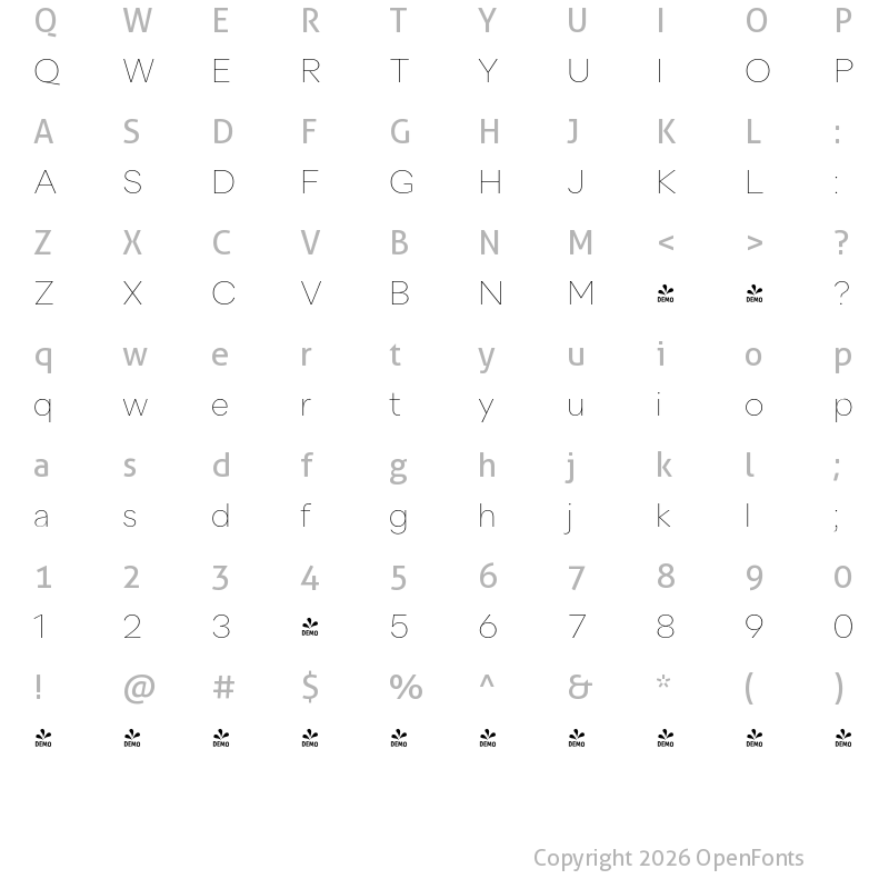 Character Map of FONTSPRING DEMO - Quarion Hairline Regular