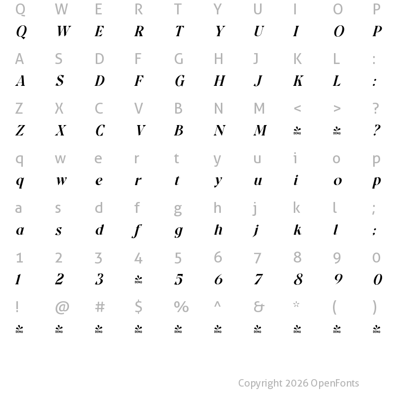 Character Map of FONTSPRING DEMO - Quatro Italic