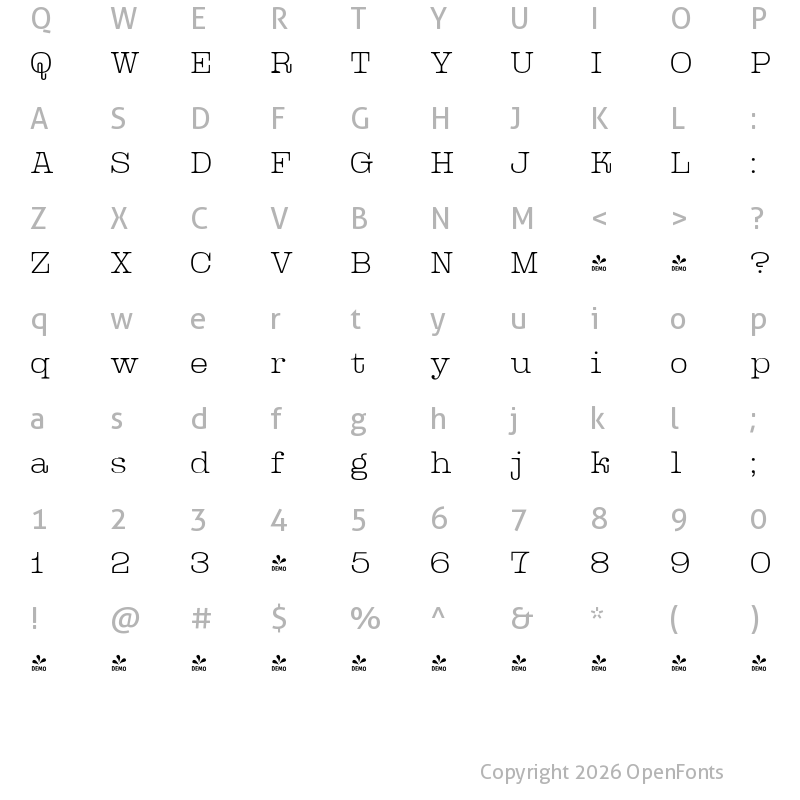 Character Map of FONTSPRING DEMO - Queensberry Thin Regular