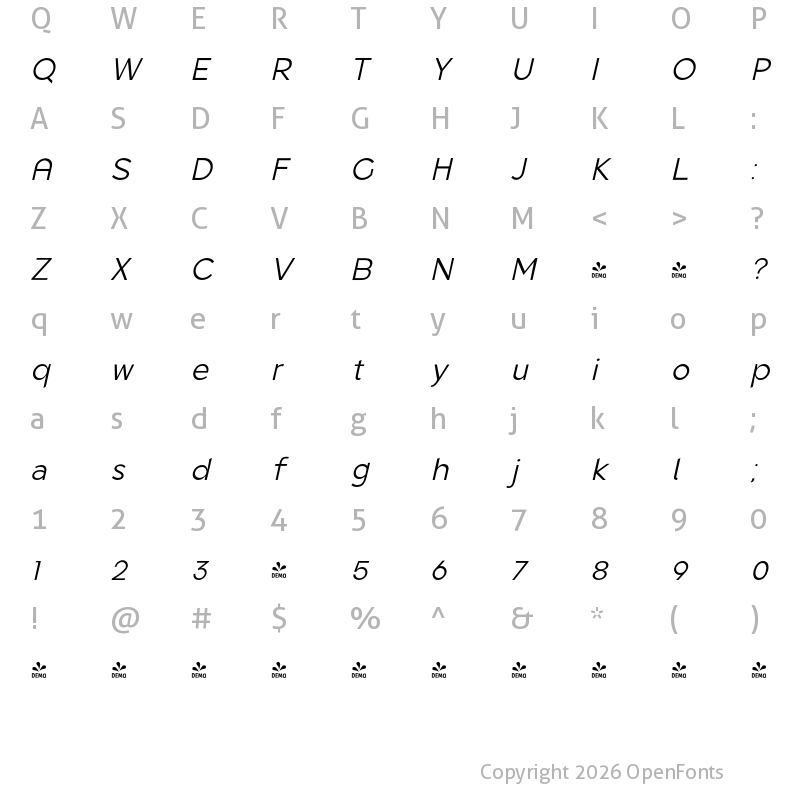 Character Map of FONTSPRING DEMO - Quenbach Italic