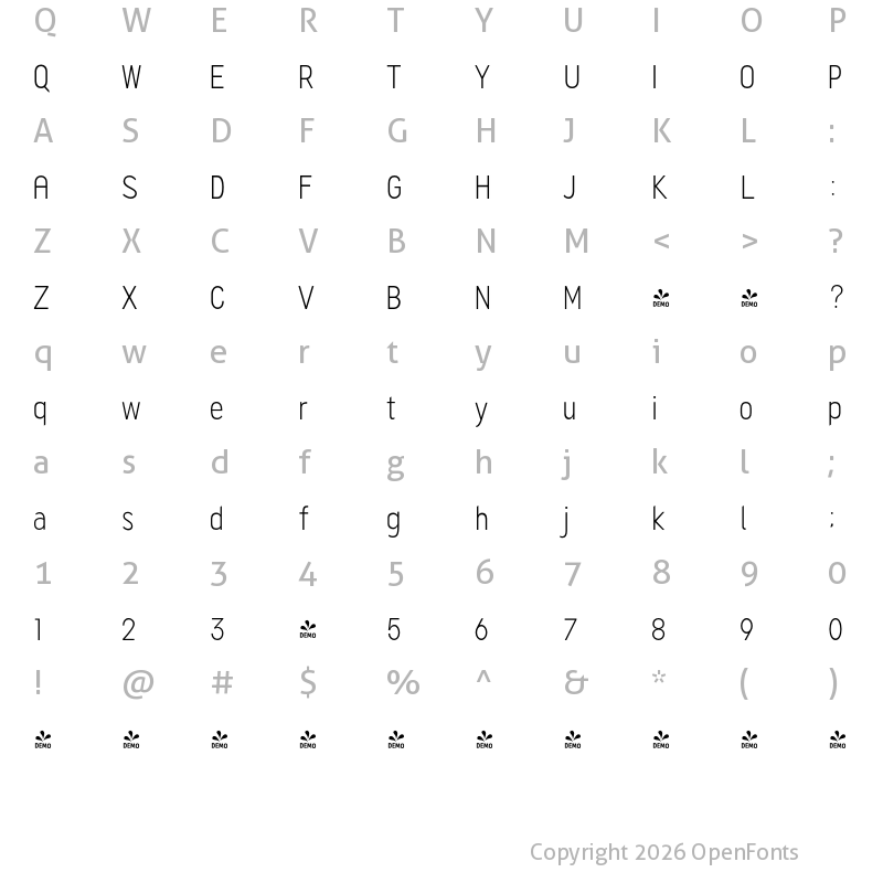 Character Map of FONTSPRING DEMO - Quenbach Light Condensed Regular