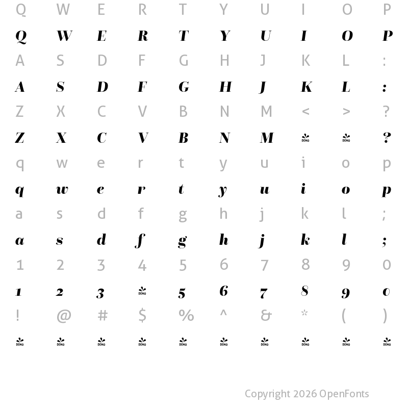 Character Map of FONTSPRING DEMO - Questa Grande Black Italic