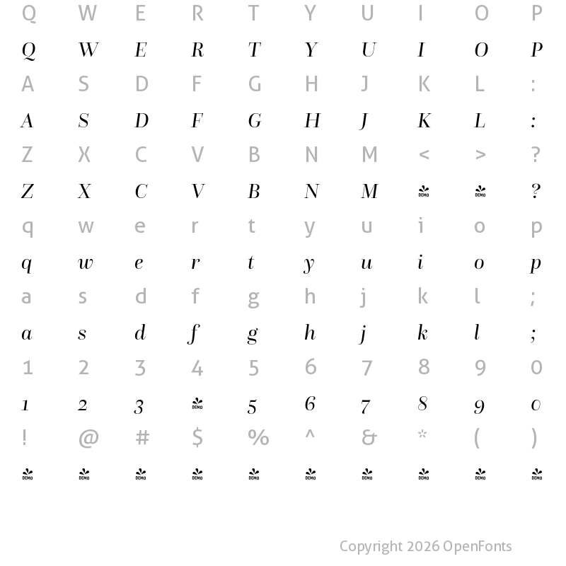 Character Map of FONTSPRING DEMO - Questa Grande Italic