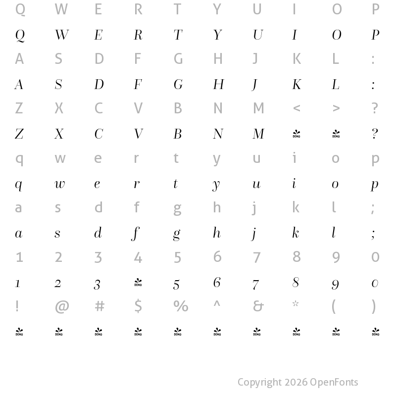 Character Map of FONTSPRING DEMO - Questa Grande Light Italic