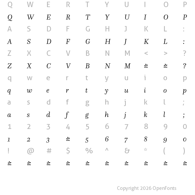 Character Map of FONTSPRING DEMO - Questa Light Italic