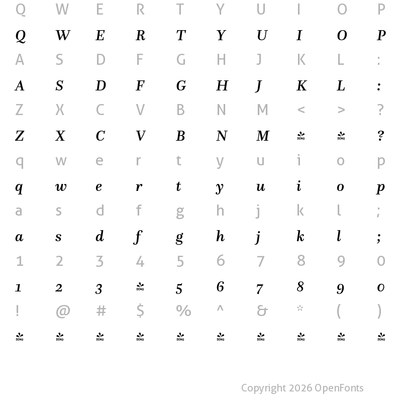Character Map of FONTSPRING DEMO - Questa Medium Italic