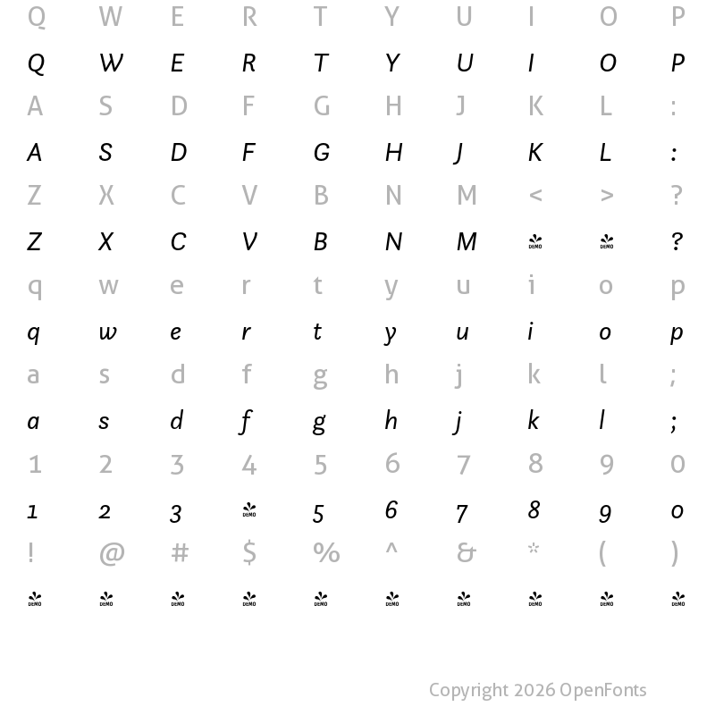Character Map of FONTSPRING DEMO - Questa Sans Italic