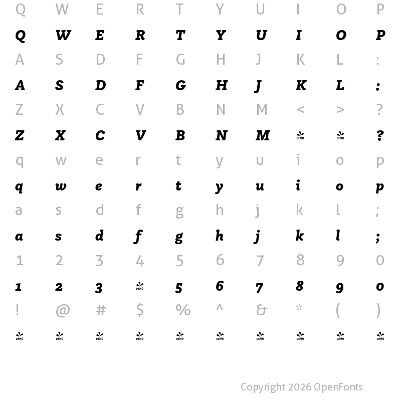 Character Map of FONTSPRING DEMO - Questa Slab Black Italic