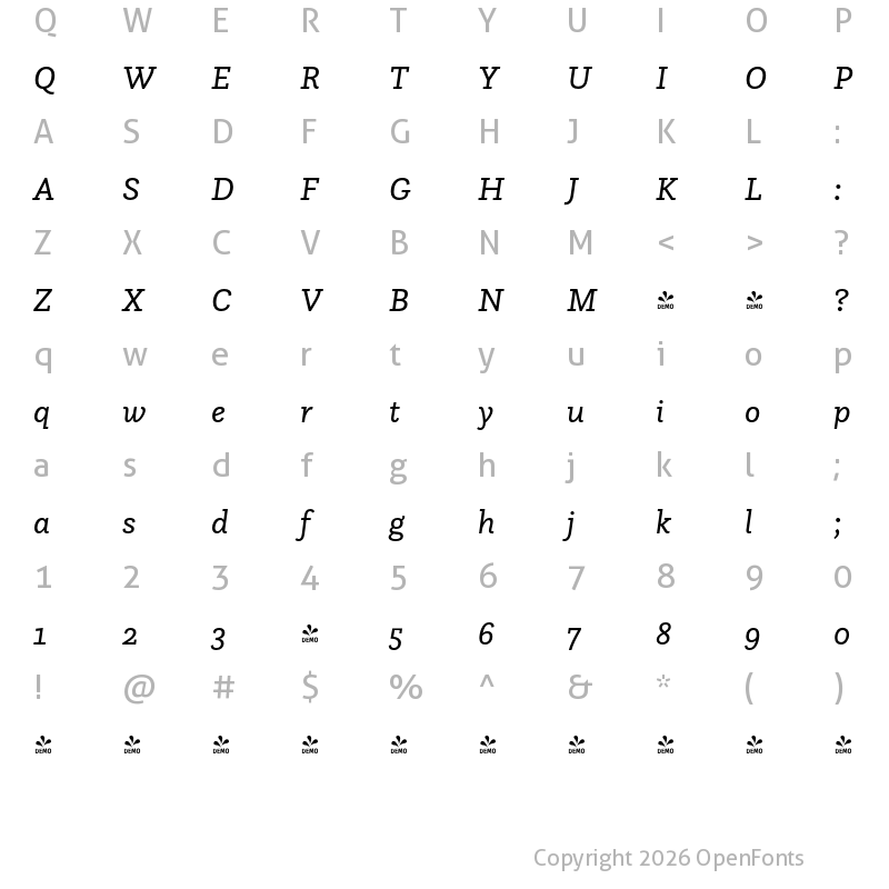 Character Map of FONTSPRING DEMO - Questa Slab Italic