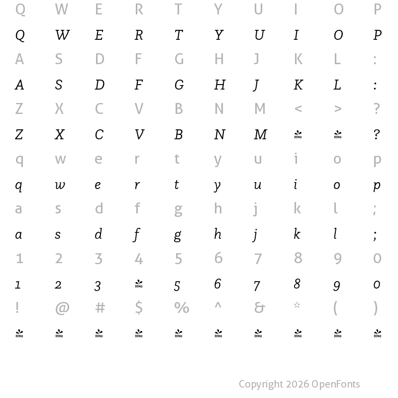 Character Map of FONTSPRING DEMO - Questa Slab Light Italic