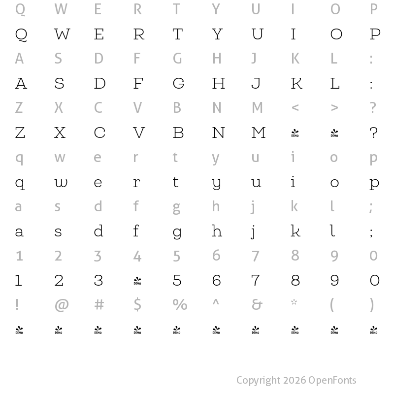 Character Map of FONTSPRING DEMO - Queulat Alt Light Regular