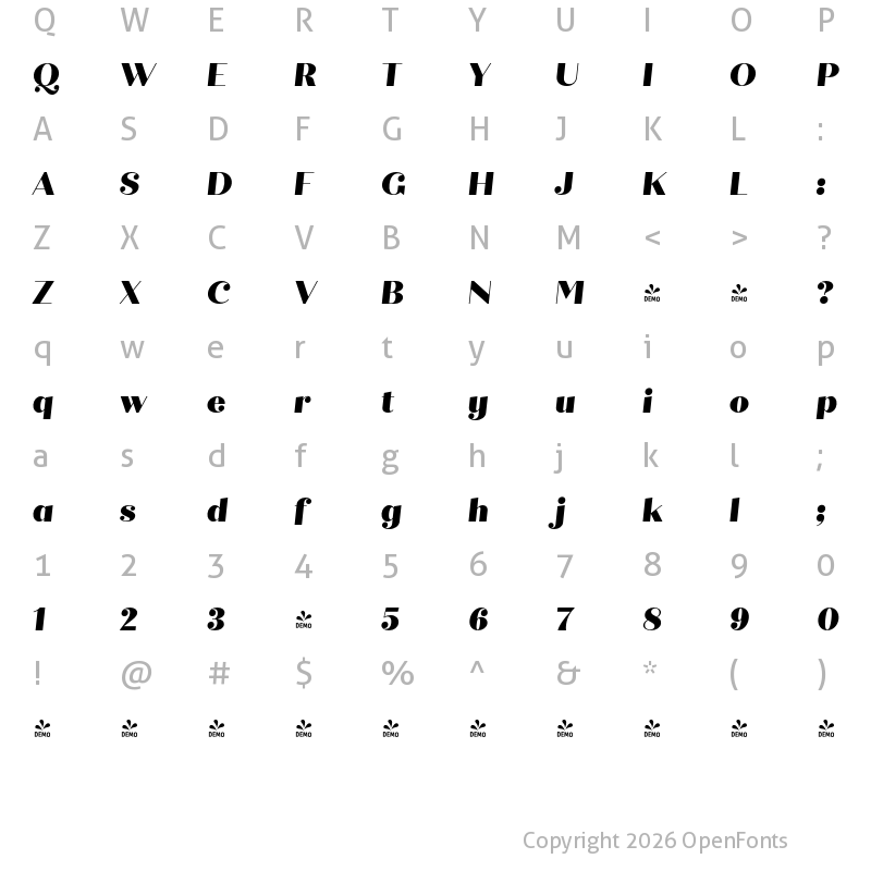 Character Map of FONTSPRING DEMO - Quiche Display Black Italic