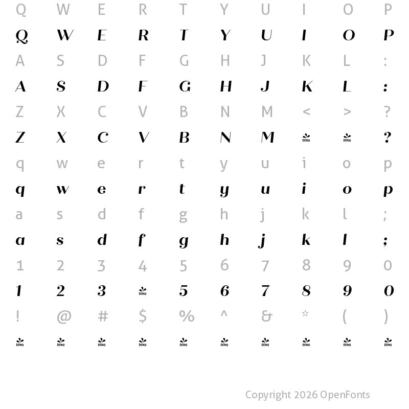 Character Map of FONTSPRING DEMO - Quiche Display Bold Italic