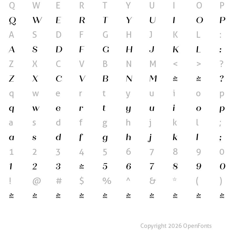 Character Map of FONTSPRING DEMO - Quiche Display Medium Italic