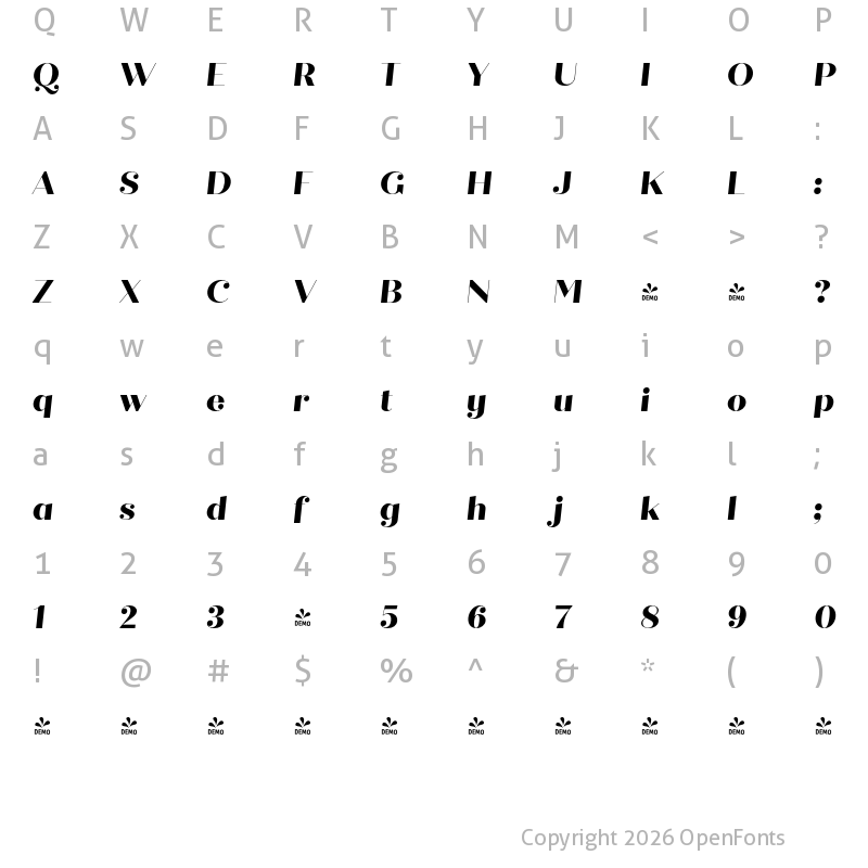 Character Map of FONTSPRING DEMO - Quiche Fine ExtraBold Italic