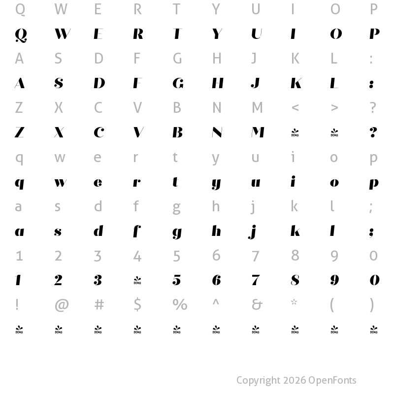 Character Map of FONTSPRING DEMO - Quiche Stencil Black Italic