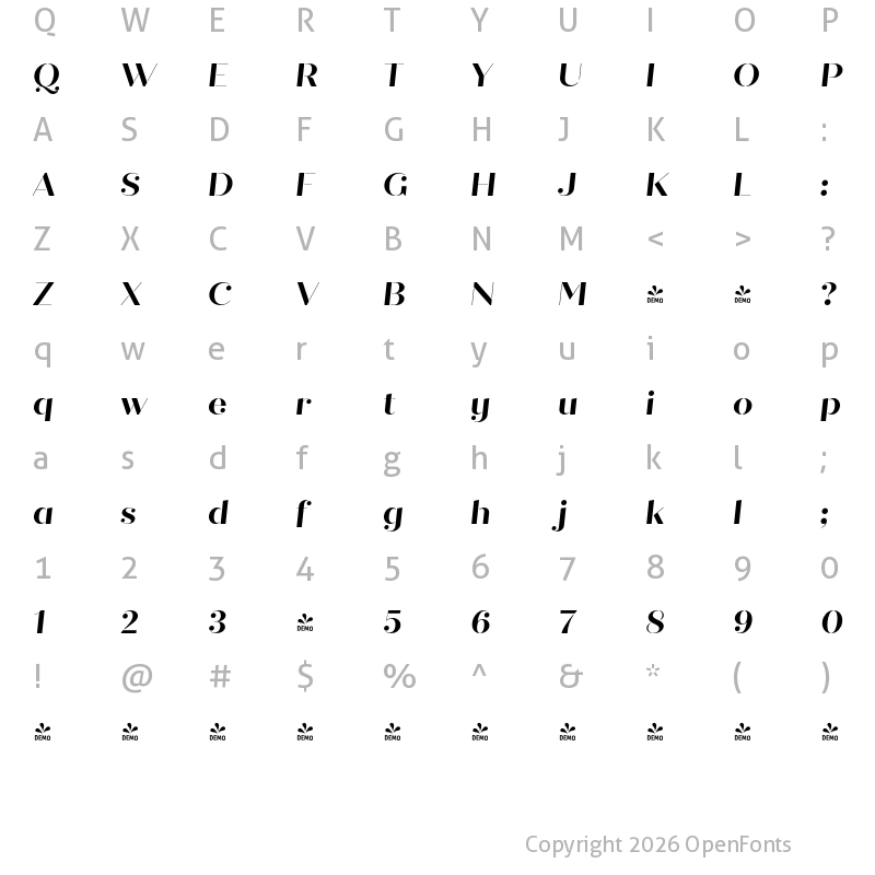 Character Map of FONTSPRING DEMO - Quiche Stencil Bold Italic