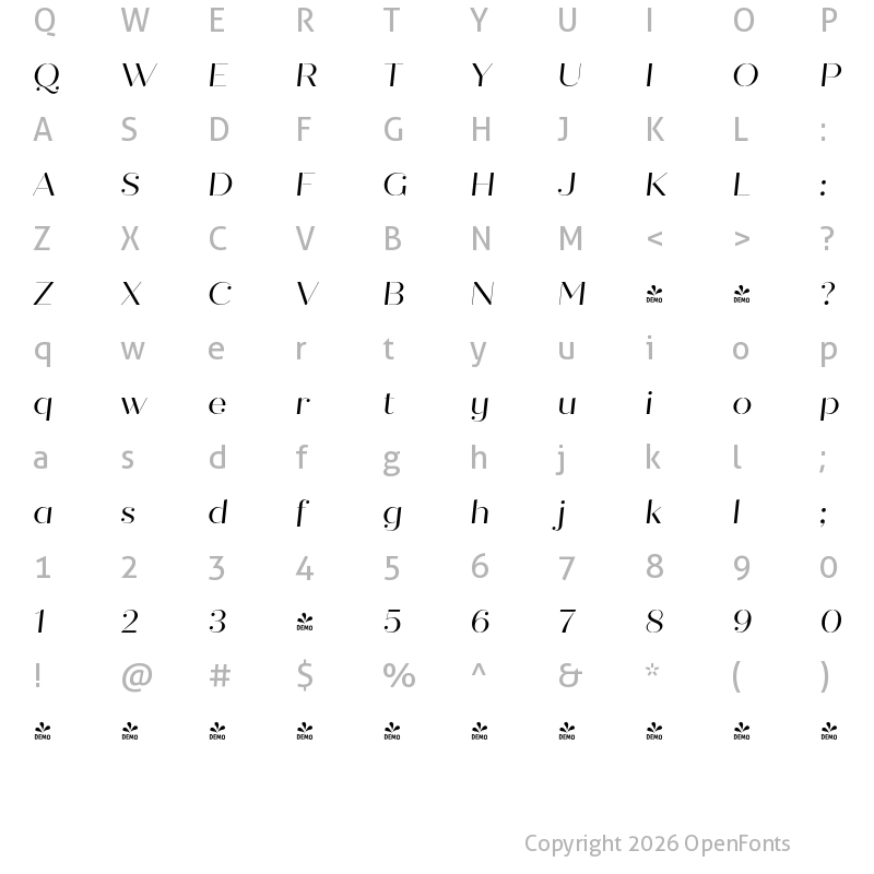 Character Map of FONTSPRING DEMO - Quiche Stencil Italic