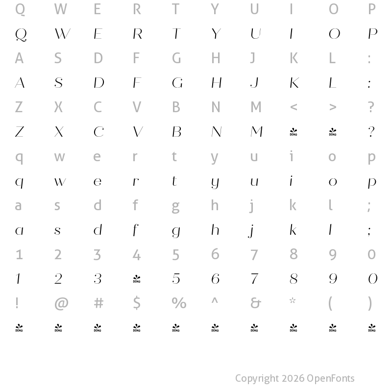 Character Map of FONTSPRING DEMO - Quiche Stencil Light Italic