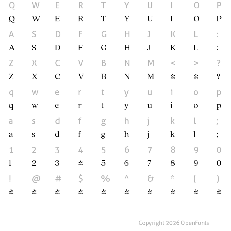 Character Map of FONTSPRING DEMO - Quincy CF Regular