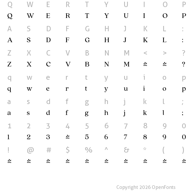 Character Map of FONTSPRING DEMO - Quincy CF Text Regular