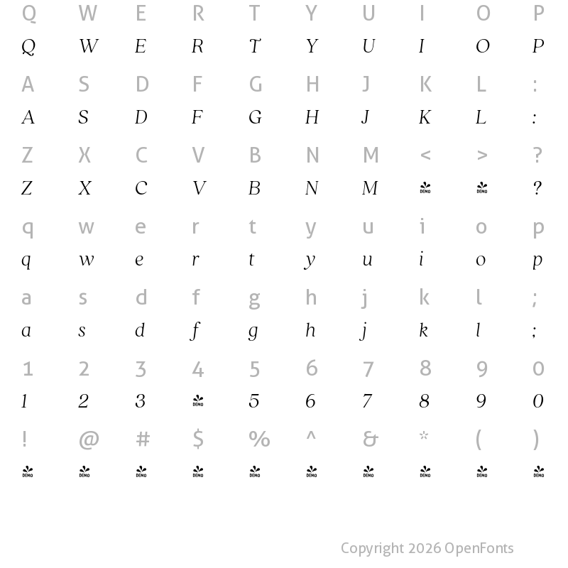 Character Map of FONTSPRING DEMO - Quincy CF Thin Italic