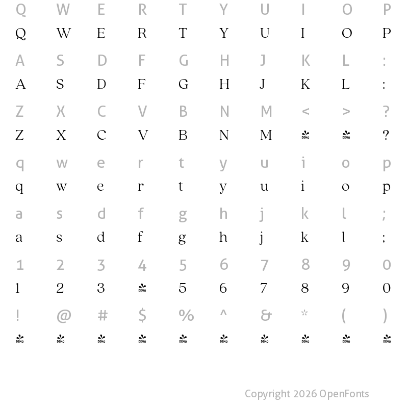 Character Map of FONTSPRING DEMO - Quincy CF Thin Regular
