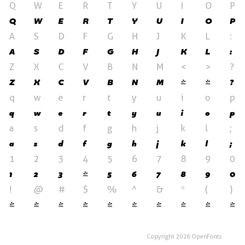 Character Map of FONTSPRING DEMO - Quinoa Black Italic