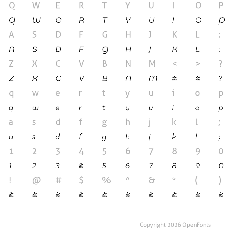 Character Map of FONTSPRING DEMO - Quinoa Round Medium Italic