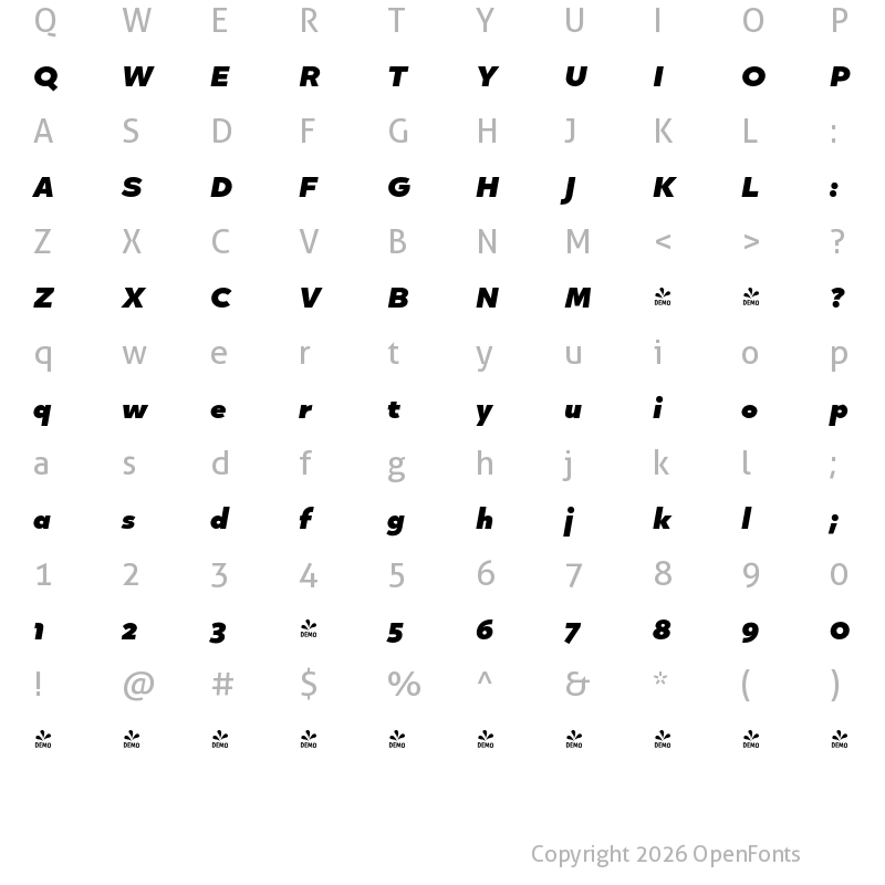 Character Map of FONTSPRING DEMO - Quinoa Text Black Italic