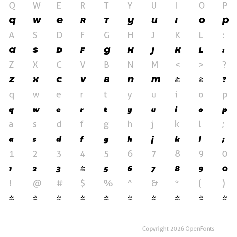 Character Map of FONTSPRING DEMO - Quinoa Titling Black Italic
