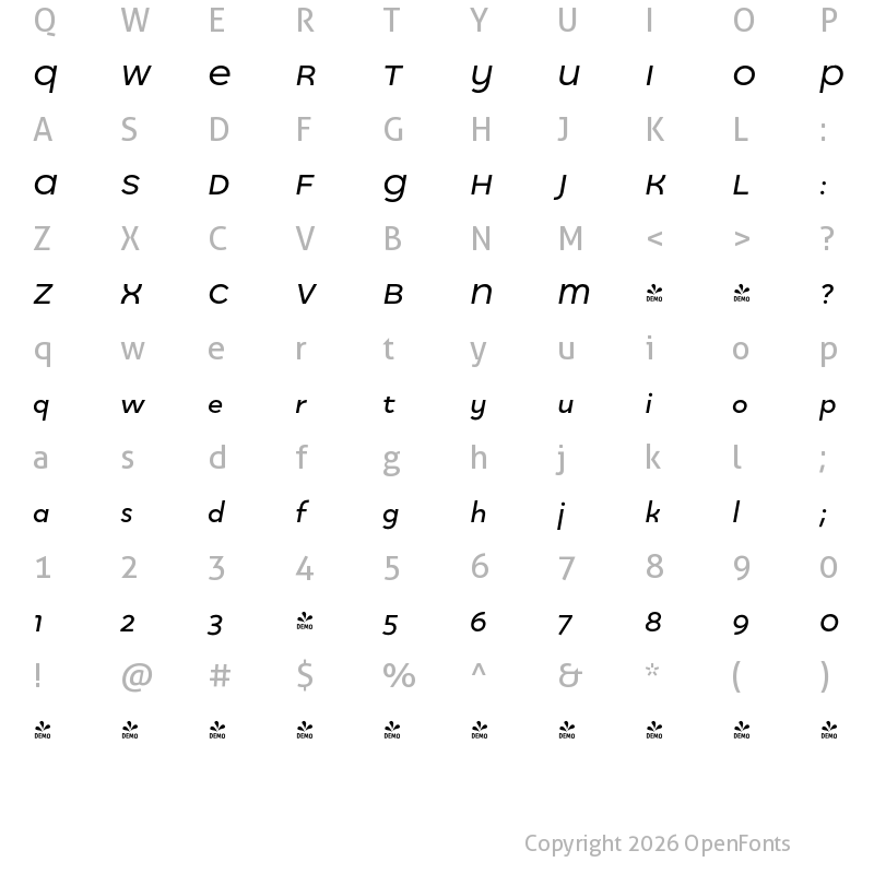 Character Map of FONTSPRING DEMO - Quinoa Titling Semibold Italic