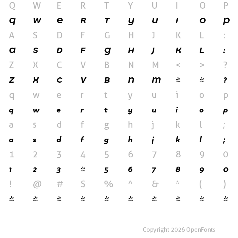Character Map of FONTSPRING DEMO - Quinoa Titling Ultrabold Italic