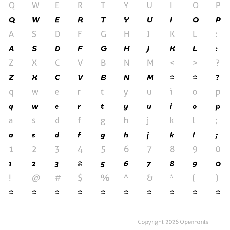 Character Map of FONTSPRING DEMO - Quinoa Ultrabold Italic
